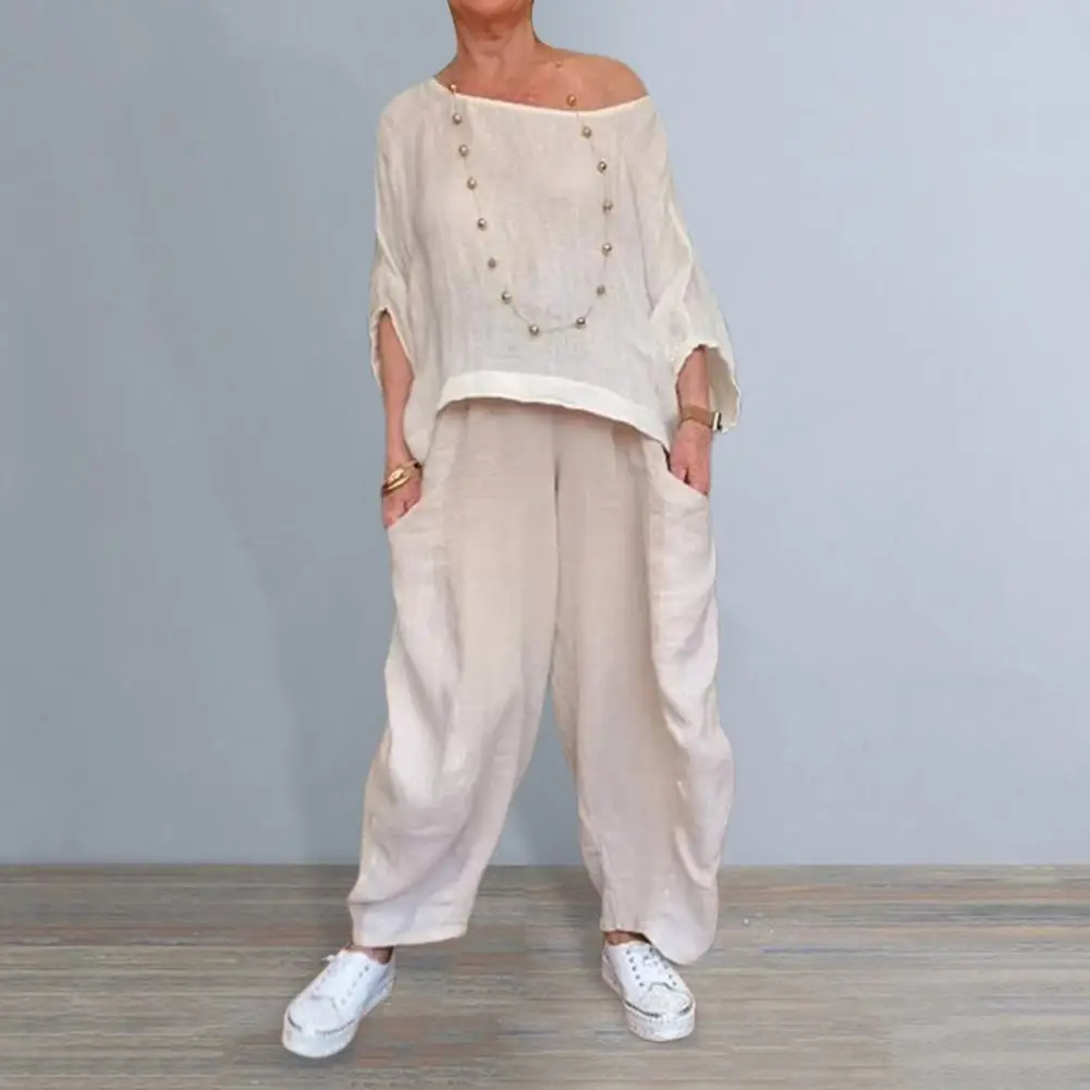 

Женский костюм из двух предметов, Элегантная блузка и брюки, комплект из двух предметов для женщин, стильный топ с круглым вырезом и широкие брюки для офиса