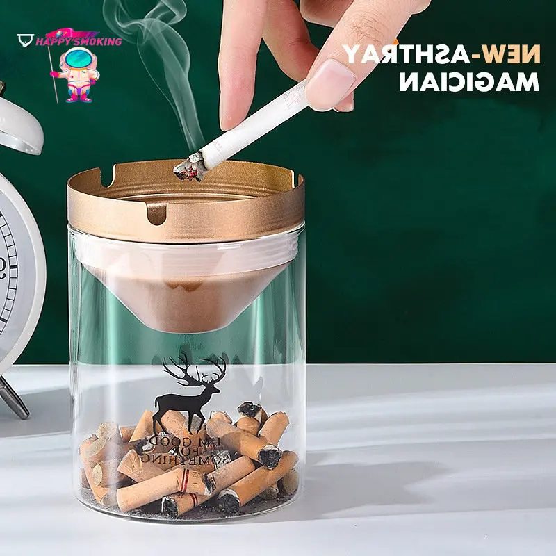 

HAPPY Transparent Smokeless Ashtray with Cover Stainless Steel Windproof and Dustproof Ash Tray for Home Smoking Accessories