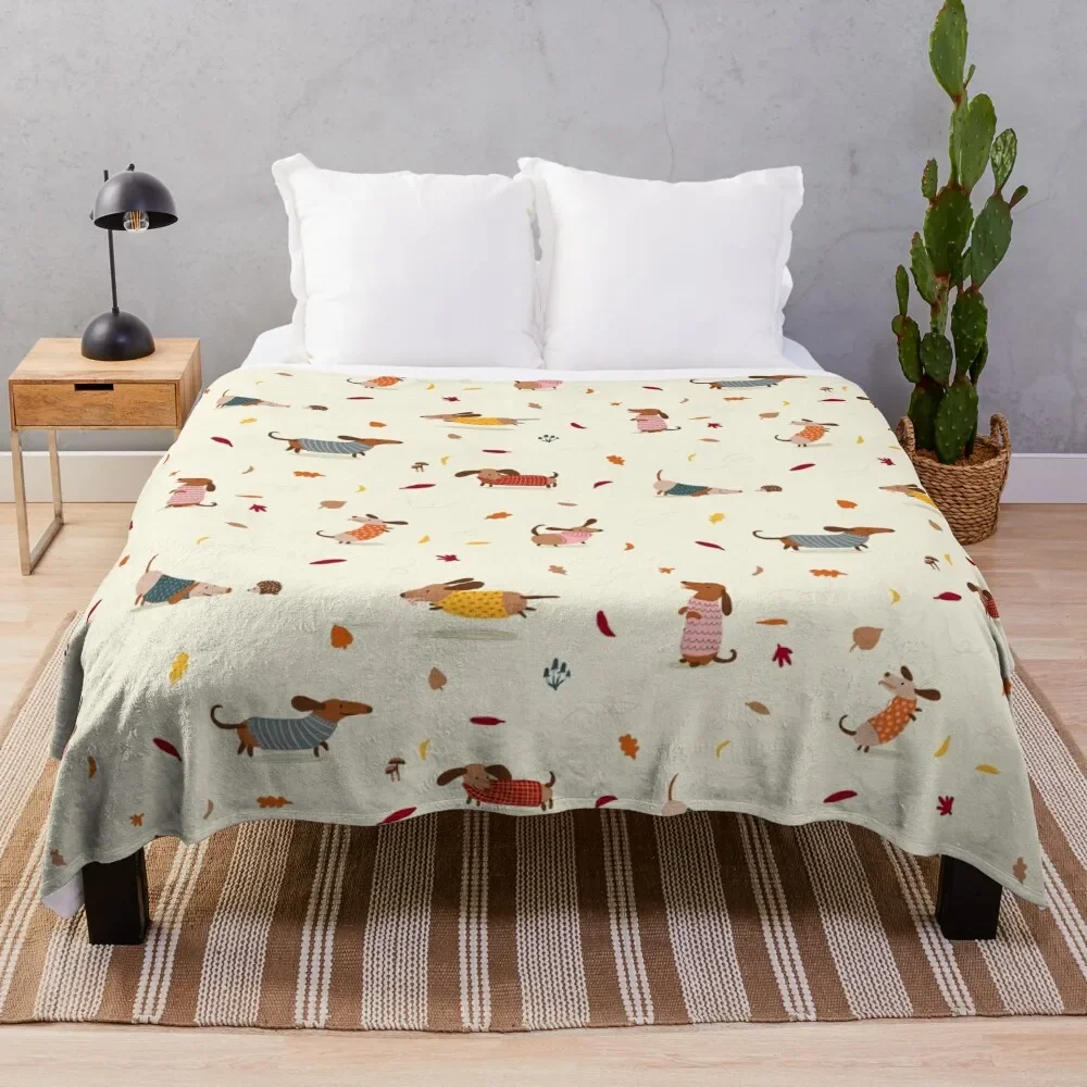 

Cute Dachshunds in Winter Sweaters with Autumn Leaves Throw Blanket Decorative Throw Sofa Throw Soft Plush Plaid Blankets