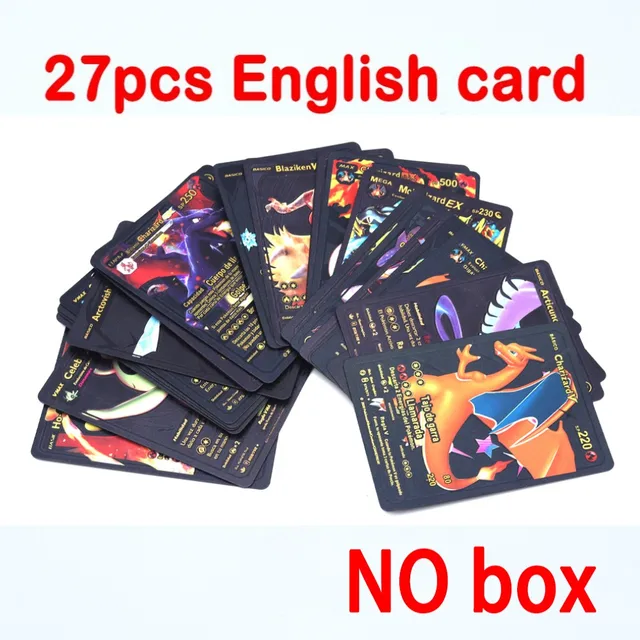 Pokemon Metal Card Spanish Box Gold Black Golden Letters Silver English Vmax Gx Collection Charizard Pikachu Cards Pack Toy Gift 27pcs English black
