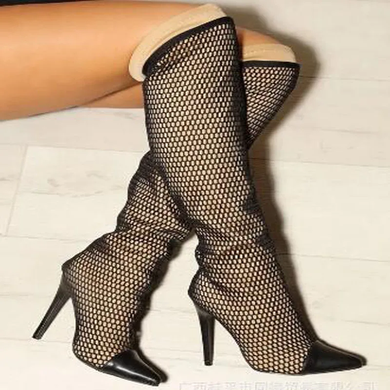 

Black Air Mesh Apricot Suede Inside Pointed Toe Patchwork Thin Heels Knee High Boots Women Fashion Tube Slip On Long Botas Shoes