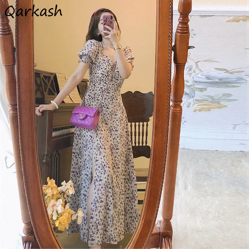 

Short Sleeve Dress Women Floral Side-slit Midi Prairie Chic Sweet Vacation Tender Sexy Females Elegant Vestidos Retro Girlish BF