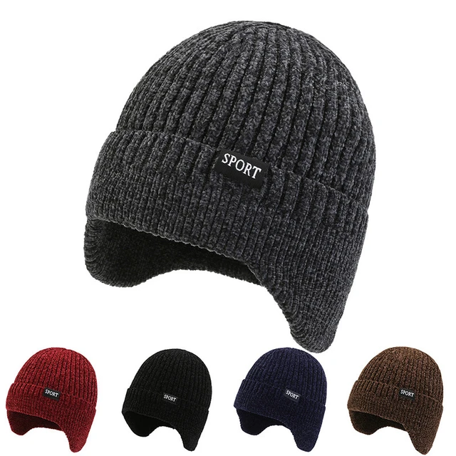 Bonnet d'hiver en polaire pour hommes, chapeau chaud à rabat d'oreille avec doublure  polaire, bonnet de Ski en tricot à bords - AliExpress