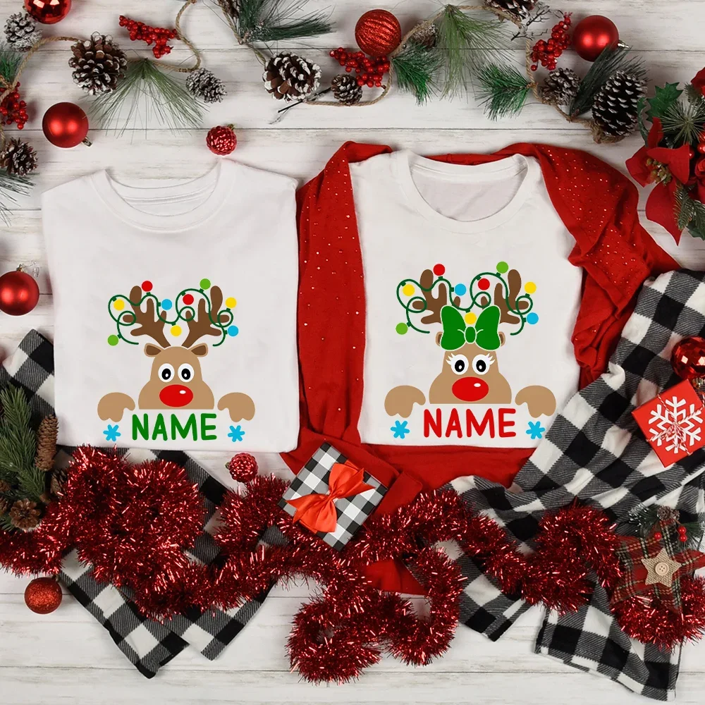 Custom Name Reindeer Matching Christmas Family Shirt Graphic Tees for Family Personalized Holiday Xmas Dad Mom and Me Shirts 4