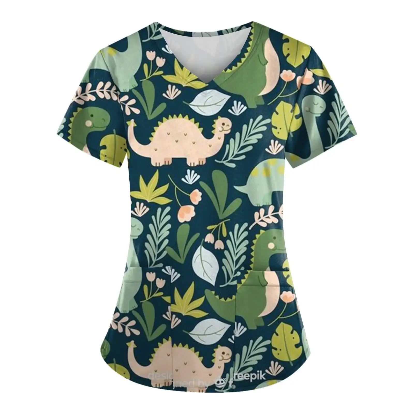 thumbnail image 1 of Uniformes quirúrgicos para mujer, estampado de dibujos animados de dinosaurios, camisetas de enfermería para el cuidado de la salud, cuello en V, microelástico, manga corta, uniforme clínico para muje, 1 of 5