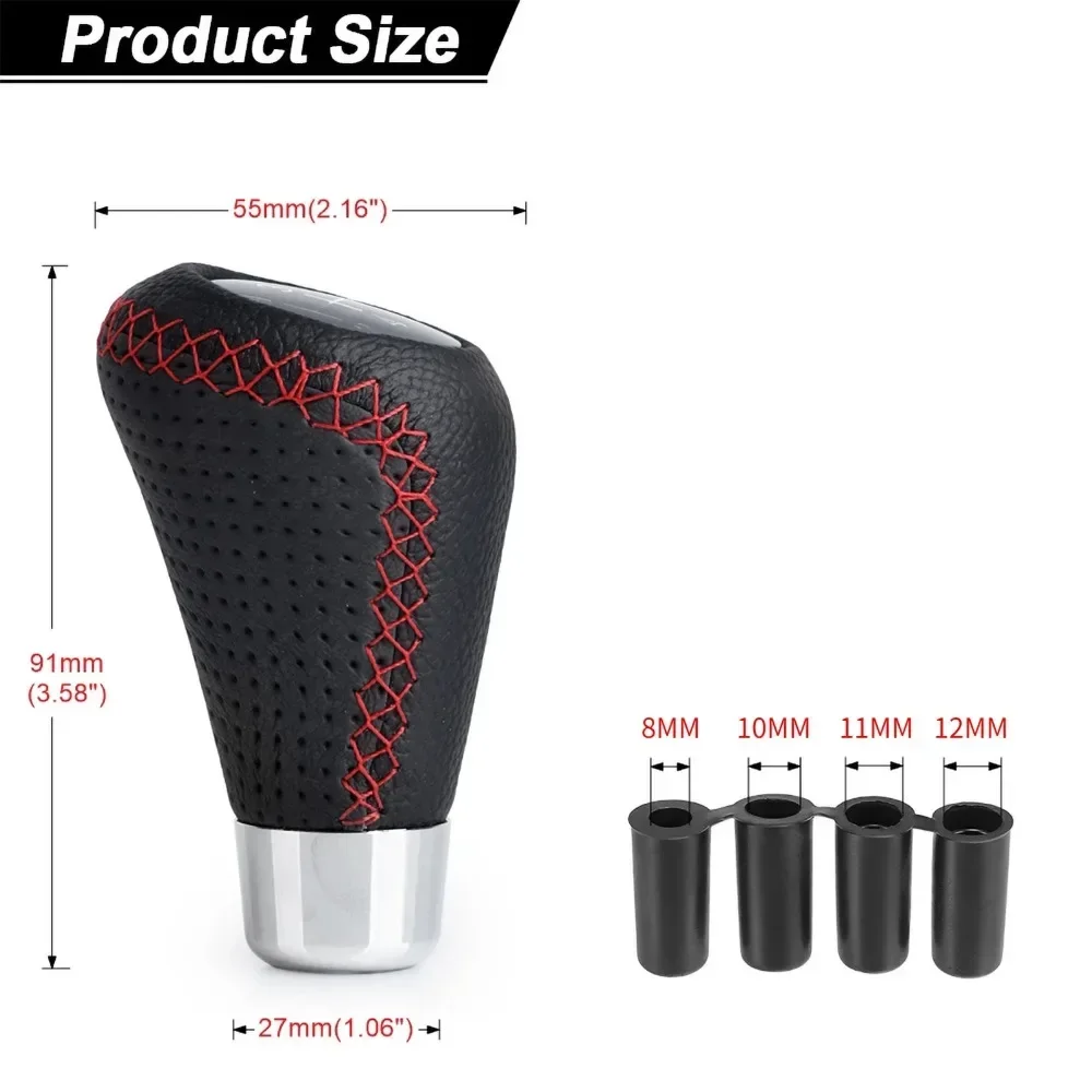 Universal 5-Speed Manual Gear Shift Knob with Red Stitch Leather Car Gear Stick Lever for Manual Transmission - M8 M10 M11 M12