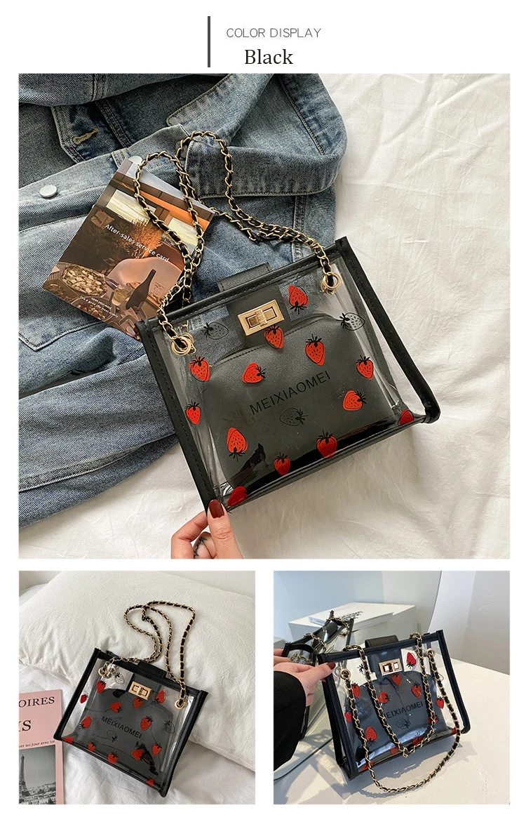 Borsa trasparente alla moda per donna Borsa a tracolla da donna da viaggio trasparente in PVC con borsa Borsa tote ecologica fragola di grande capacità_voghion.com