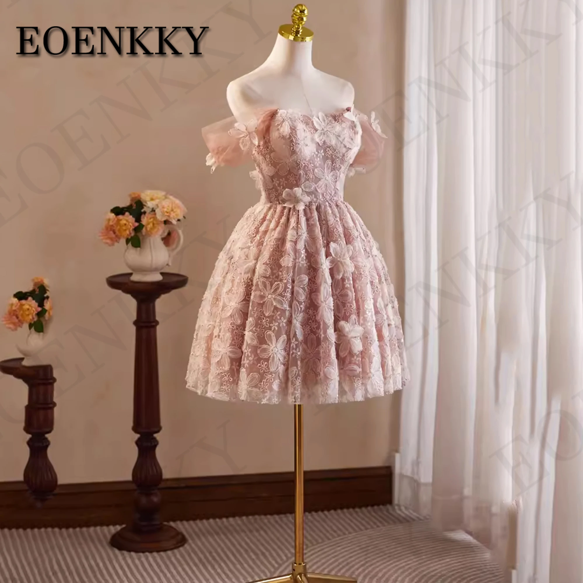EOENKKY Luxury 3D Flowers Tulle Prom Dresses Pink Off Shoulder Birthday Homecoming Dress Short 파티 드레스 A Line Korea women prom dresses