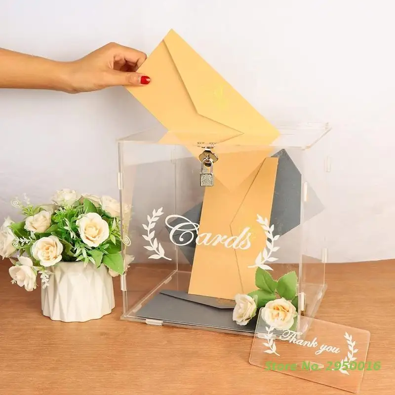Transparent Acrylic Card Box for Wedding Reception Card Box with Lock Gift Money Holder for Reception Anniversity
