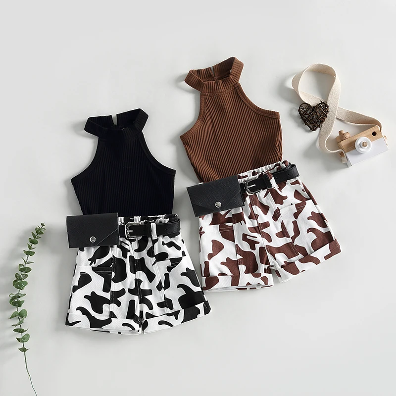 

Toddler Baby Girls Summer Outfit Sets Solid Color Sleeveless Ribbed Vest Cow Print Shorts with Waist Bag Children's Clothing