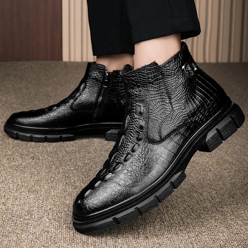 

Business Genuine Leather Winter Boots Mens Winter Shoes Crocodile Texture Leather Warm Shoes Plush Chelsea Boots Ankle Booties