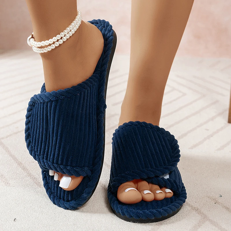 Simple Flat Heel Home Slippers Women Corduroy Open Toe Indoor Bedroom Slides Woman Comfortable Lightweight Non Slip House Shoes