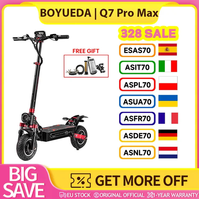 Trottinette électrique BOYUEDA Q7 Pro Max, moteur 1600W*2, batterie 52V 28AH, pneu de 10 pouces, vitesse maximale de 70 km/h, autonomie de 110 km, écran LCD, freins à disque hydrauliques doubles, amortisseur hydraulique avant et amortisseur à ressort arrière 1