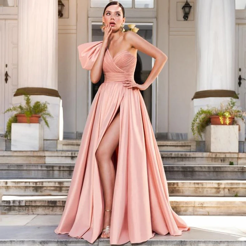 

UZN Elegant A-Line Prom Dress One Shoulder Satin Evening Dress High Split Floor Length Saudi Arabia Wedding Gowns Custom Size