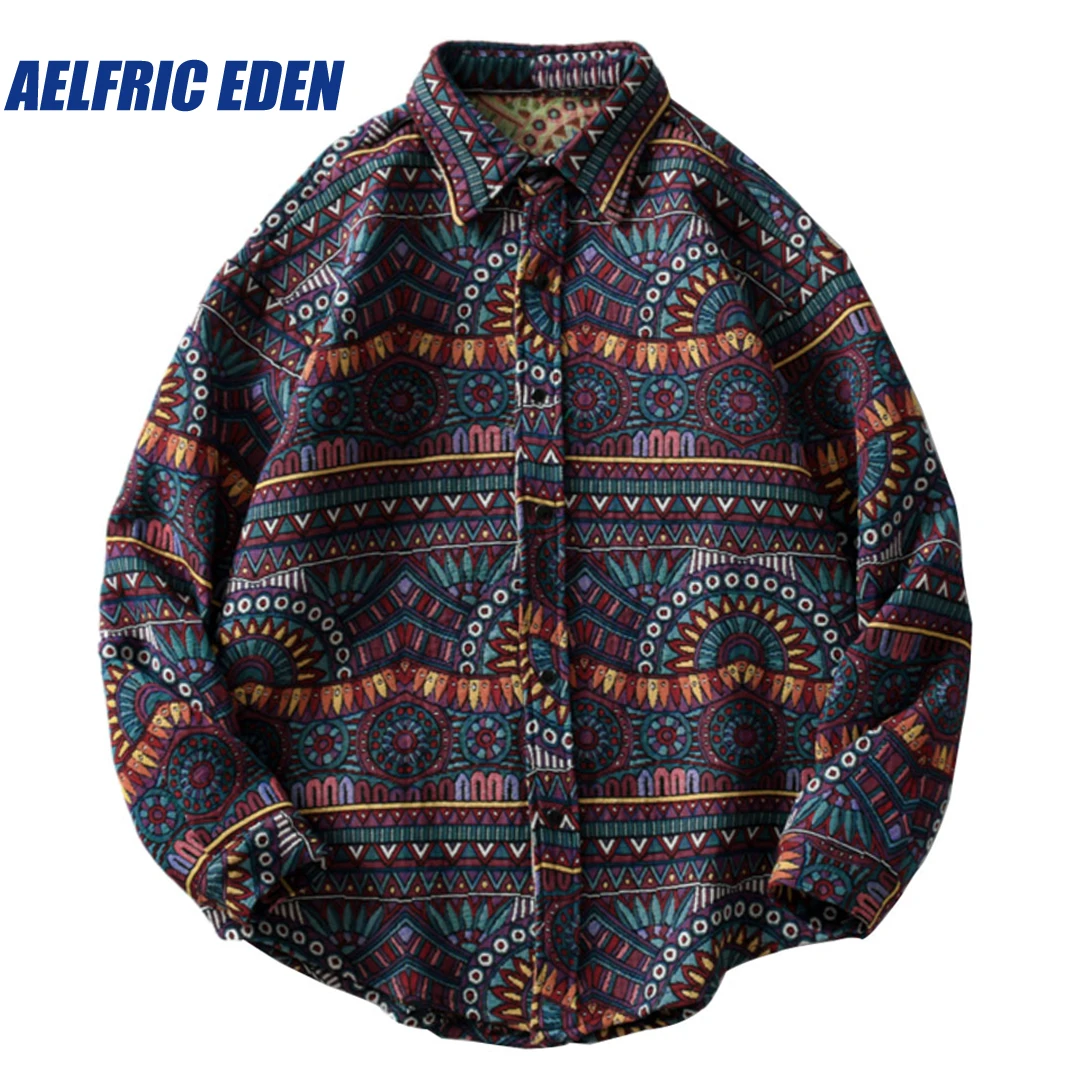 Aelfric Eden Geometry Nation Style Flowers Button Shirt Harajuku Streetwear Knitted Shirts Hip Hop Casual Long Sleeve Tops Coats