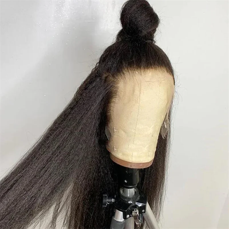 

Glueless Preplucked 26Inch Long 180%Density Natural Black Yaki Kinky Straight Lace Front Wig BabyHair Heat Temperature Daily