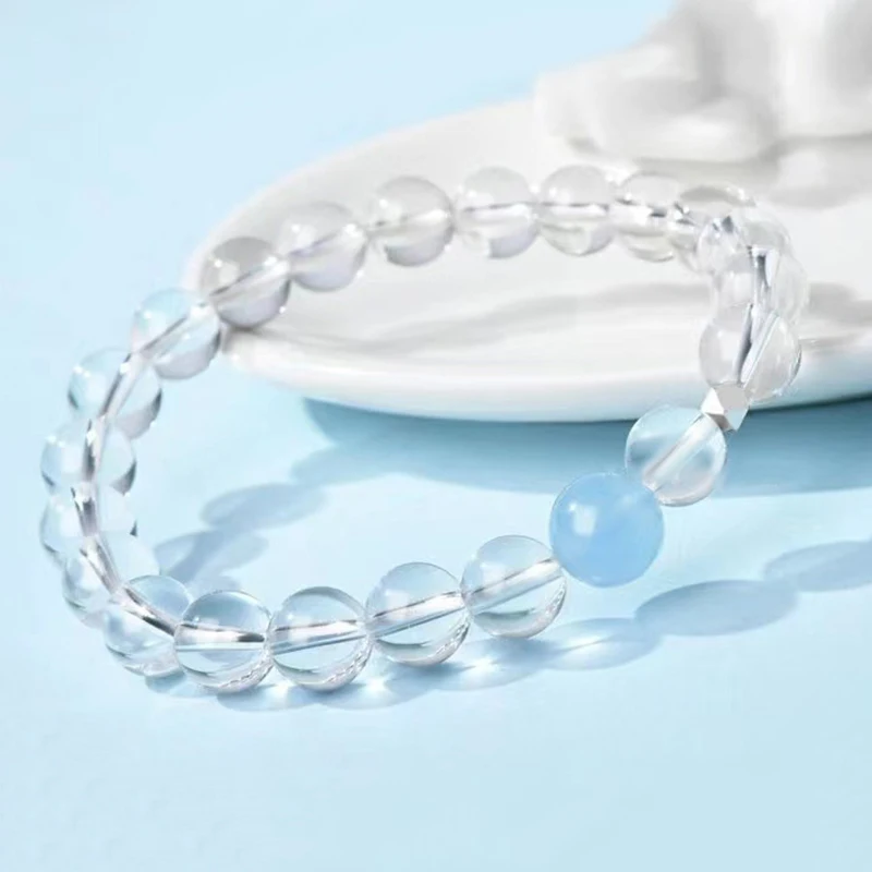 8mm Natural White Crystal Sea Blue Treasure Beaded Bracelet Women's Moon Stone Bracelet