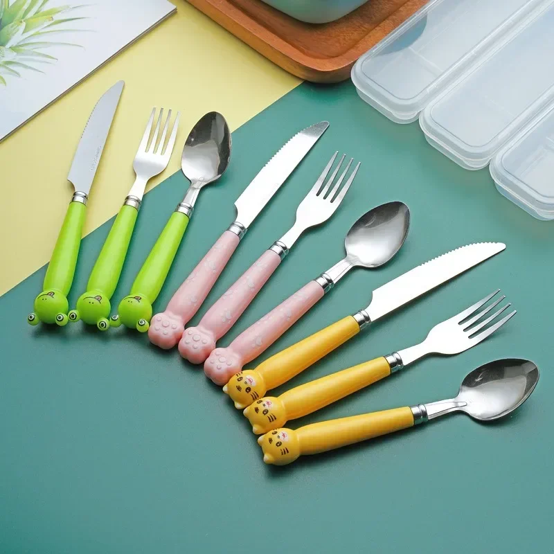 Creative Cartoon Stainless Steel Fork Spoon Chopsticks Three Piece Set Cute Student Spoon Chopsticks Portable Tableware Set