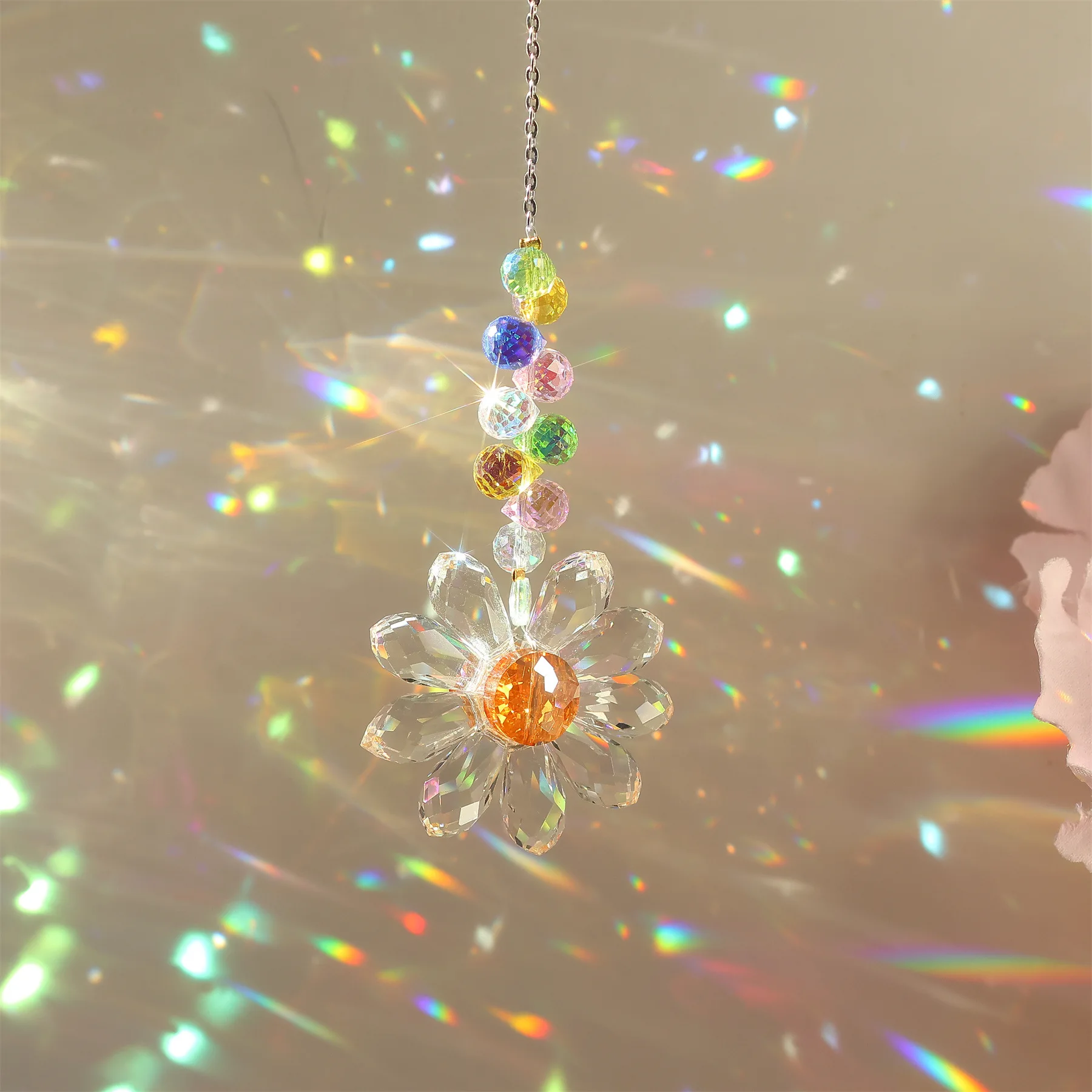 Daisy Crystal Sun Catcher Wind Chime Indoor Rainbow Maker Pendant Window Courtyard Garden Hanging Ornaments Xmas Home Decoration