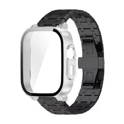Premium Stainless Steel Band and Tempered Glass Protective Shell with Metal Bracelet Wristband for Realme Watch 5 (Black - Silver)