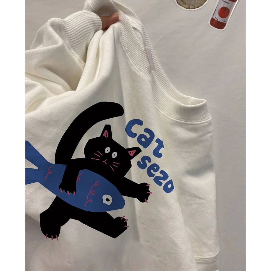 

American Cartoon Cat Graphic Sweatshirts Cotton Pullover Student Cute Loose Winter Tops Harajuku Casual Oversized Kawaii Clothes