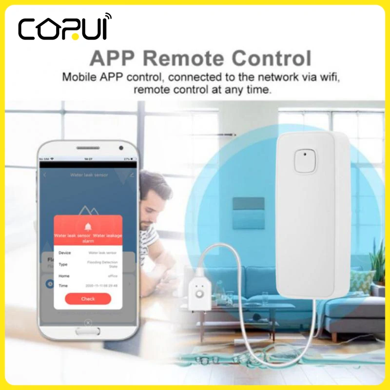 

CoRui Tuya WiFi Water Leakage Sensor Independent Liquid Leak Alarm Available EasyInstallation Smart Leven Klep 80dB Alarm Geluid