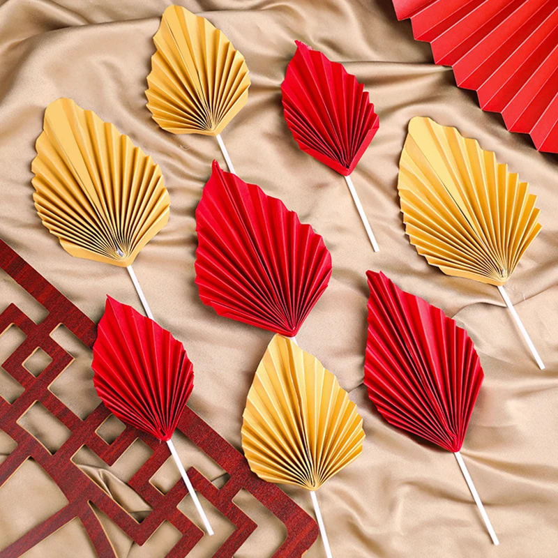 2pcs Paper Fan Cake Topper Happy Birthday Gold Red Paper Cake Insert