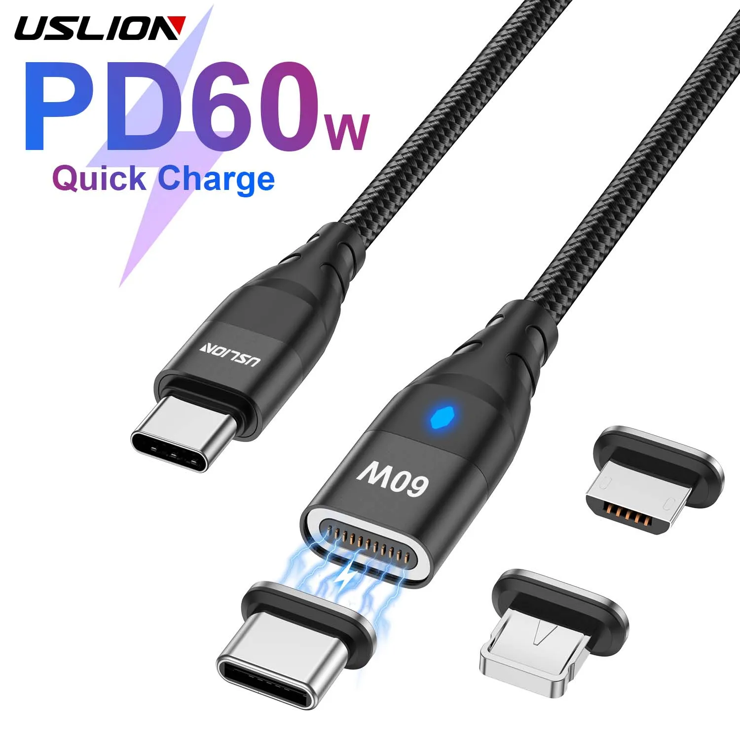 USLION PD 60W Magnetic Fast Charger Cable for iPhone 14 13 Pro Max Xiaomi 12 POCO USB C To Type C Data Charging Wire for Macbook