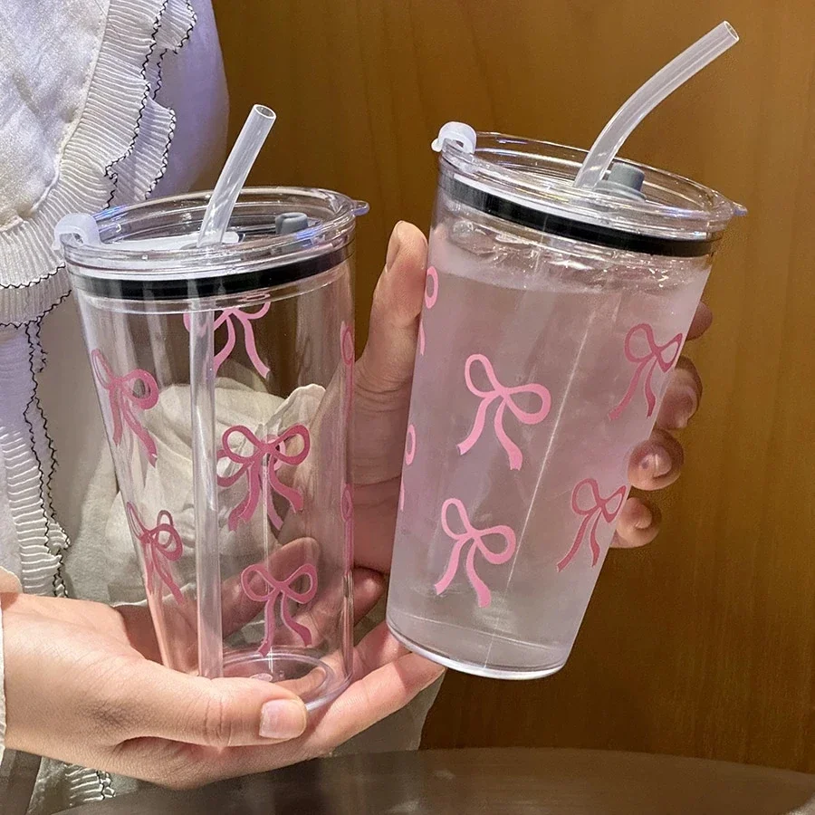 1pc 500ml Pink Bow Plastic Cup Milk Coffee Mug with Straw Transparent Travel Outdoor In Water Drinking Cup Kitchen Water Cups