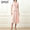 QMQA Fashion Women's Elegant 2 Pcs Set O Neck Short Sleeve Sequins Tweed Belt Coat High Waist Pleated Skirts Sets 2024 New 1A115 1