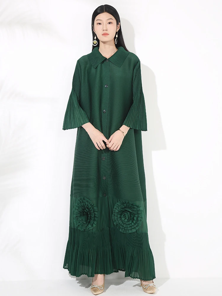 LANMREM Loose Temperament New Women's Dress High-end Chic Lapel Flared Sleeves Floral Long Breasted Cardigan Dresses 2DB3446 - Image 4