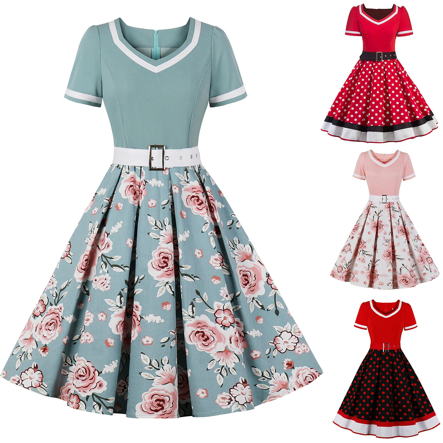 

Women's Vintage V Neck Patchwork Belt Cotton A Line Dress Hepburn Style Retro Party Swing 1950s Dresses