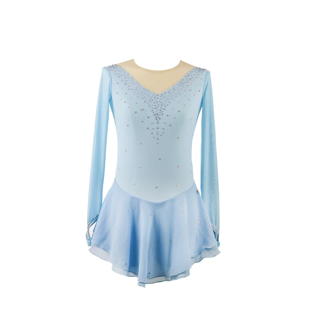 Zagitova Figure Skating Performance Dress Women Girls Ice Skating Skirt Long Sleeve Mint Color Mesh Skirt Competition