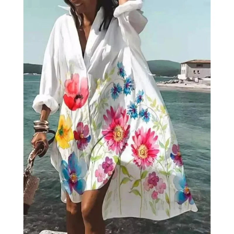 

Oversized Shirt Dress Women Summer Printed Long Sleeve Loose Dresses Beach Party Vestidos Vacation Sundressrobe