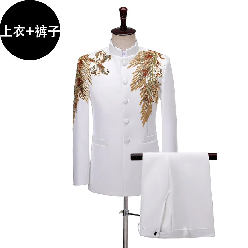 Gold Sequin Patchwork Men Suit Brand Stand Collar Single Breasted Wedding Party Stage Host Zhongshan Blazer And Pant 2 Piece Set