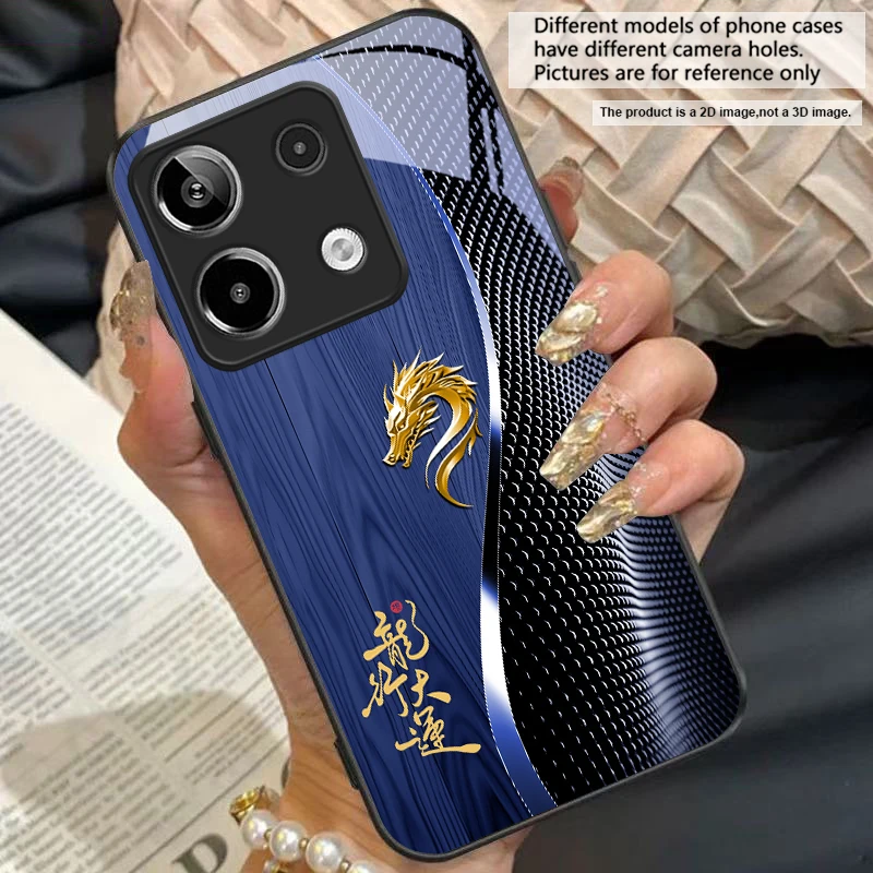 Elegant Black Tempered Glass Phone Case with Traditional Dragon Totem Design
