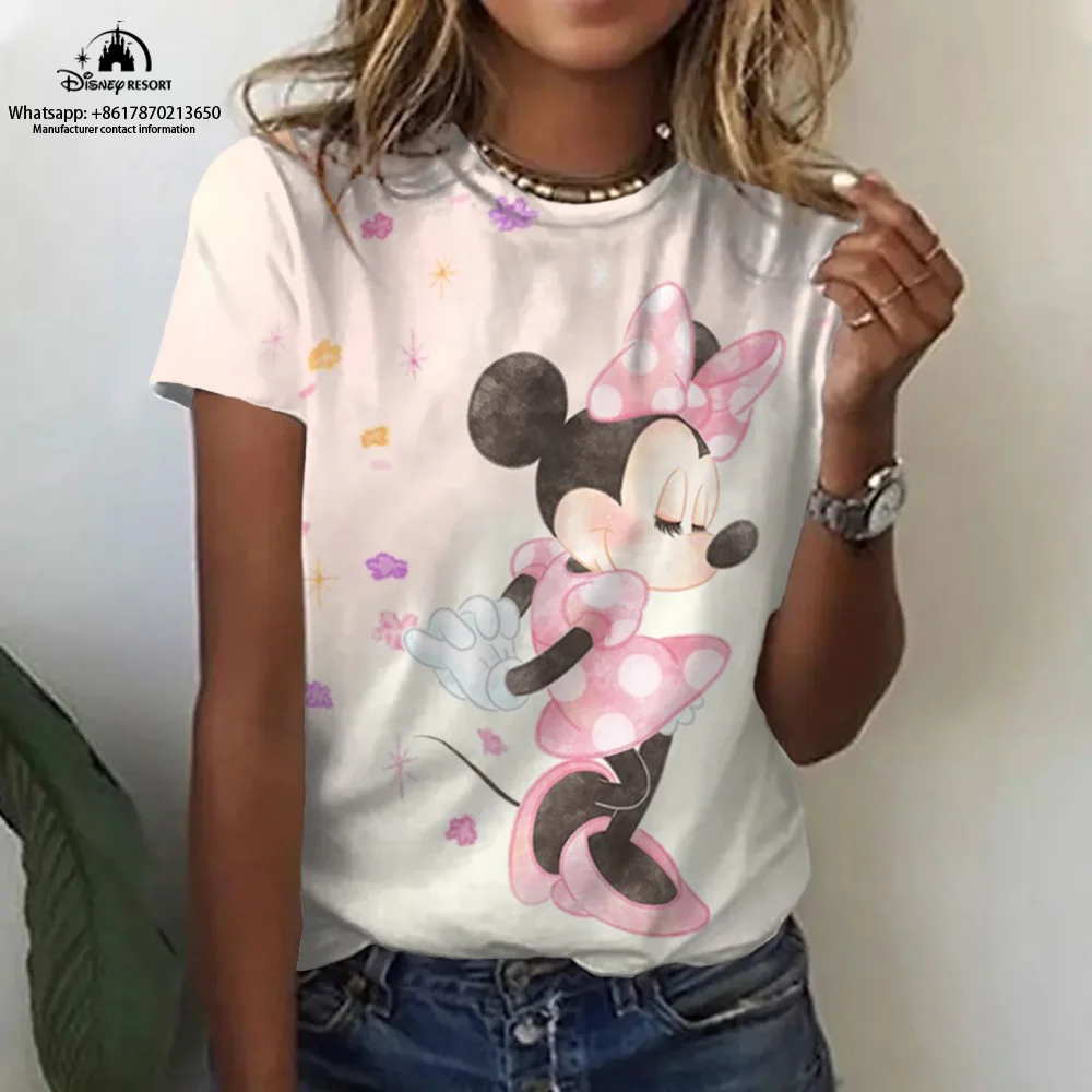

2024 New Disney Cartoon Women's T-Shirt Mickey Mouse Fashion Women's 2024 Summer Top Short Sleeve
