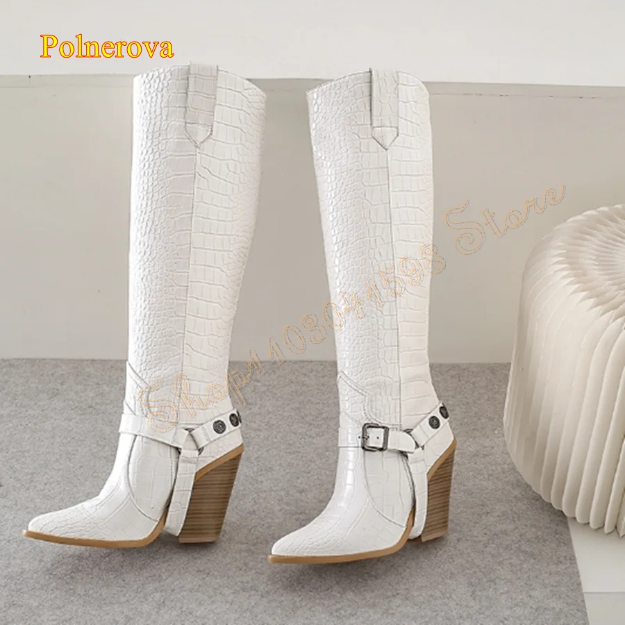 

Croc Print Buckle Leather Heeled Boots,Striped Chunky Heel Knee High Boots Pointed Toe Women Boots 2024 New Zapatos Para Mujere