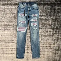 DISCOUNTED men pink diamond stone patches distressed skinny jeans 1
