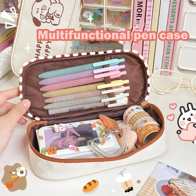 Cute Cartoon Pencil Case for Kids, Big Capacity Canvas Kawaii Pencil Pouch  with Zipper, Waterproof & Durable Compartment Large Storage Pencil Bag for