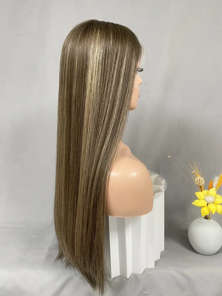 Gorgeous Lace Frontal Human Hair Wig Straight Long Hair Medium Brown Color with Highlights HD lace Top Kosher Jewish Wigs