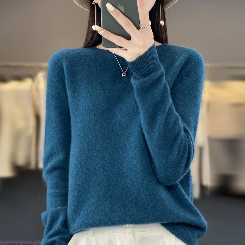 여성 가을, 겨울 신작 100% 메리노 울 솔리드 컬러 스웨터 풀오버 솔리드 컬러 오 넥 긴 소매 따뜻한 스웨터 탑