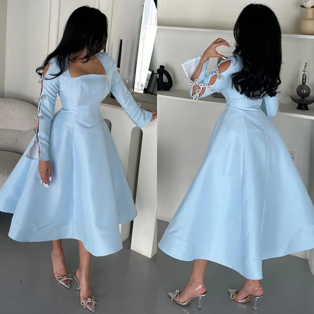 

Ball Dress Evening Prom Charmeuse Bow Cocktail Party A-line Square Neck Bespoke Occasion Gown Midi es