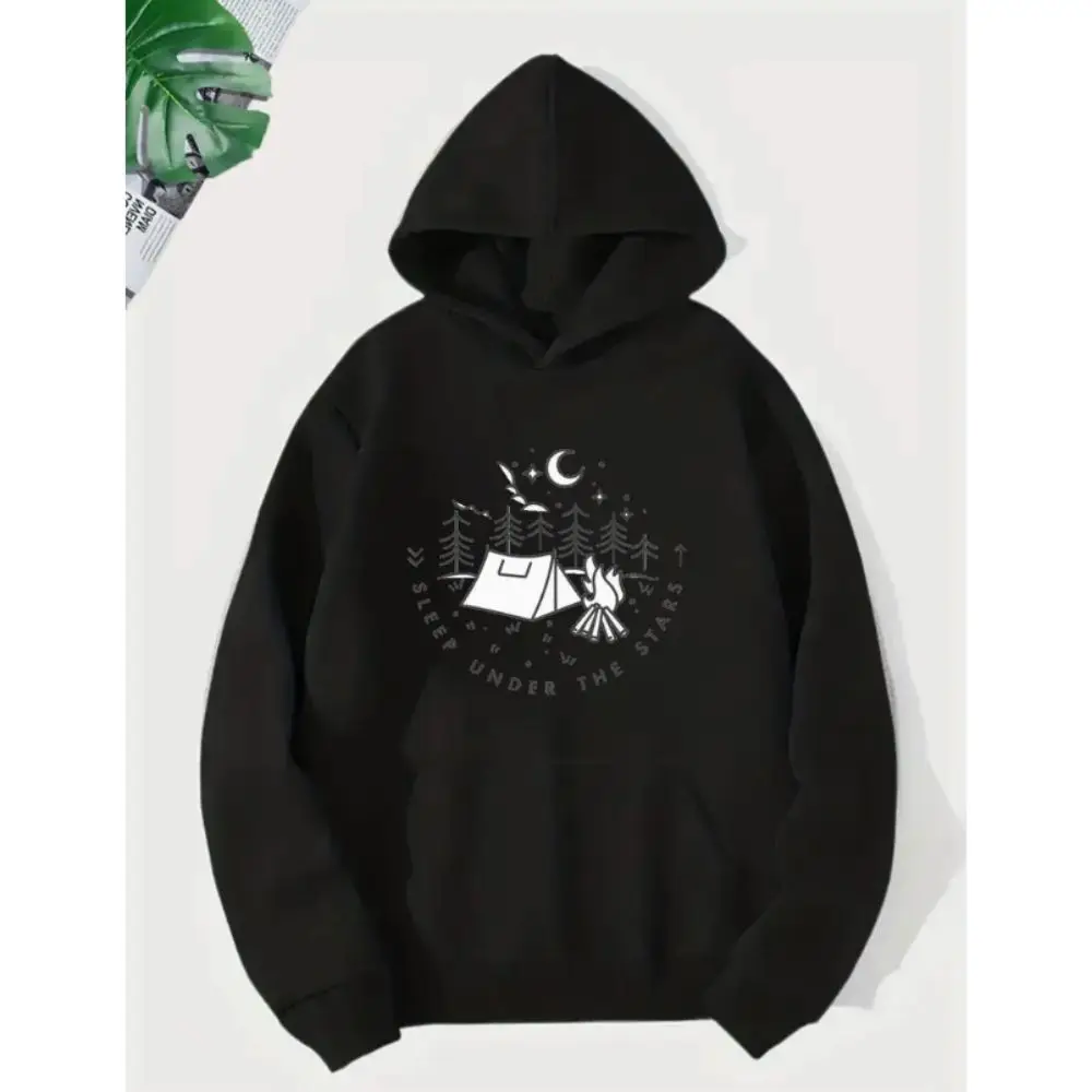 Camping Print Hoodie With Kangaroo Pocket Casual Graphic Design Pullover Hooded Sweatshirt Street Wear Female O-neck Hoodies