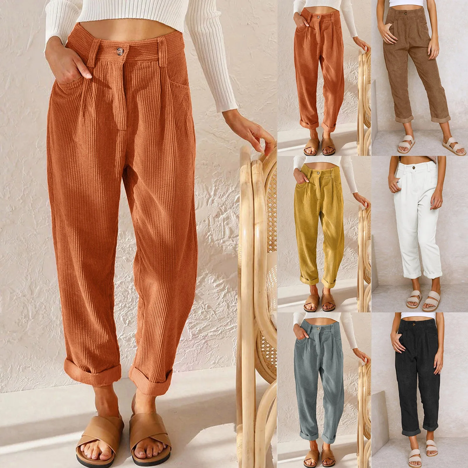 

Брюки женские вельветовые с карманами, Укороченные прямые штаны в полоску, повседневные флисовые брюки, деловая повседневная одежда для женщин