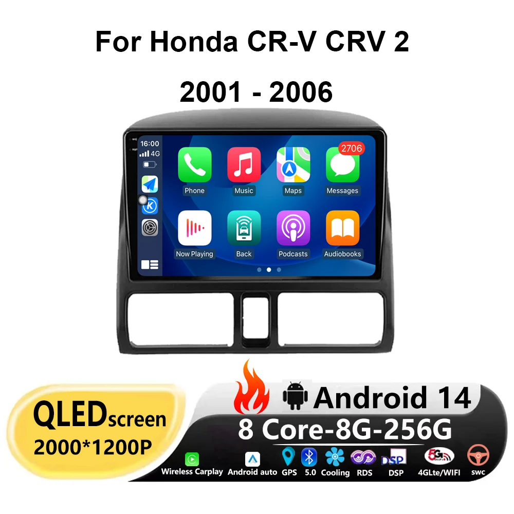 

9'' Android 14 Car Radio For Honda CR-V CRV 2 2001 - 2006 Multimedia Video Player Carplay Auto Navigation RDS GPS Head Unit DSP