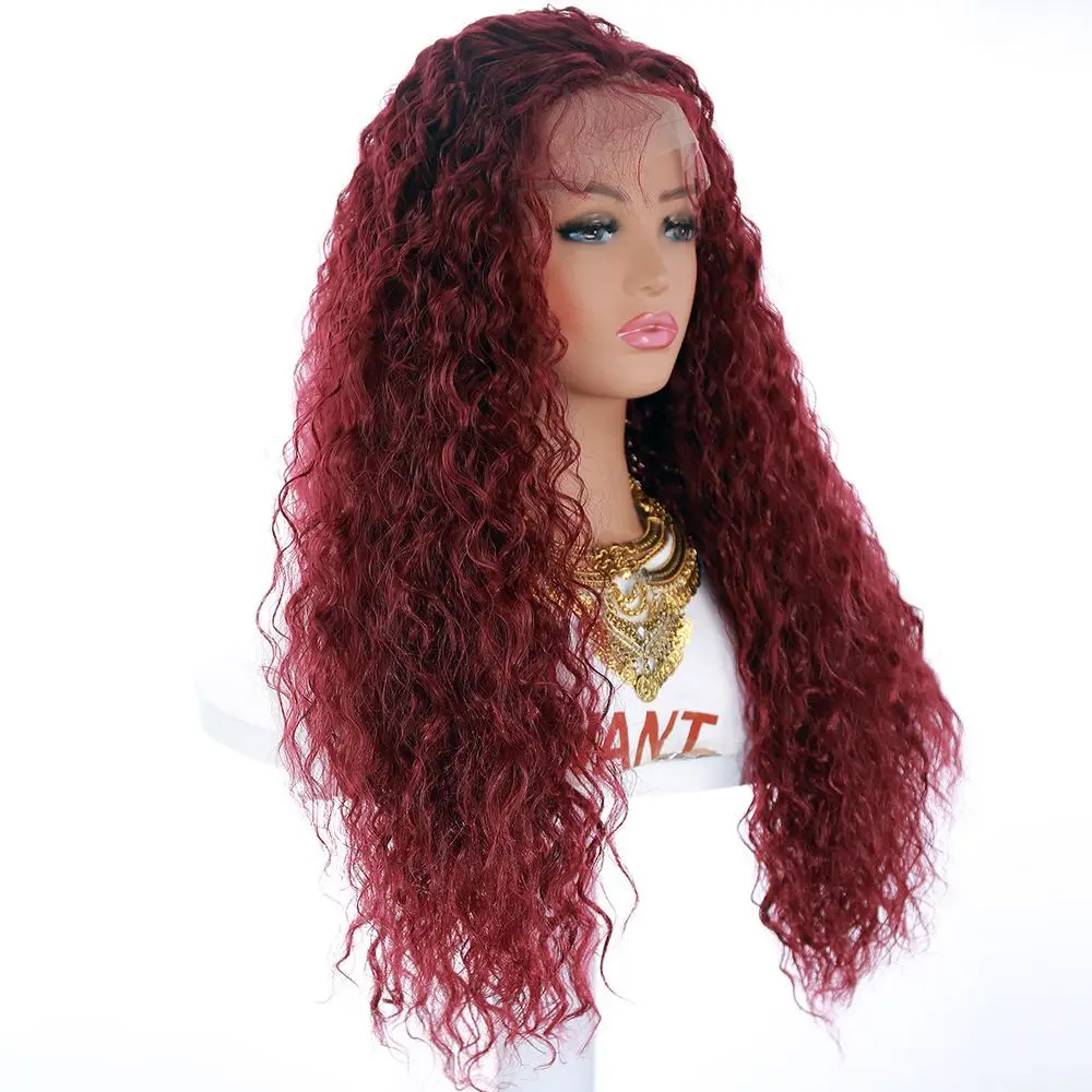 

Girls front lace burgundy T-shaped hood long curly High Temperature Fiber Synthetic Wigs Pelucas Hair Daily Party Use