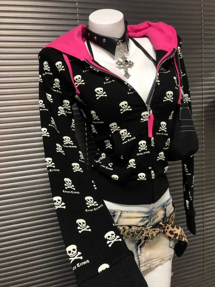 2000s Y2k Gothic Punk Skeleton Print Cardigan Contrast