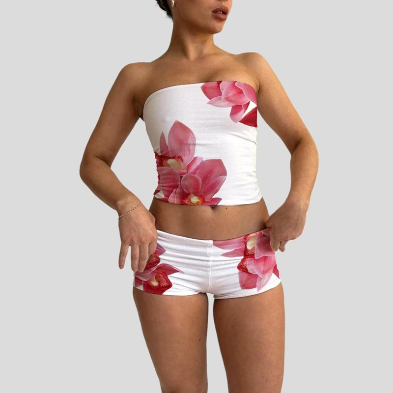 Beach Vacation Lounge Oufits 2 Pice Set Flower Print Strapless Crop Tube Tops Bandeau + Skinny Mini Skirt Wrap Bodycon Women
