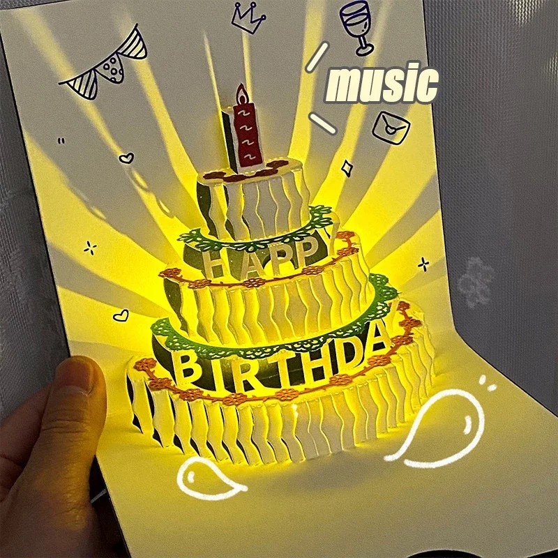 3D Music Light Happy Birthday Party Gift Card For Girl Kids Wife Husband Birthday Cake Pop-Up Greeting Cards Postcards